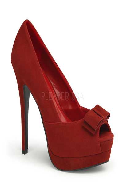 Red Faux Suede Peep Toe Pump W/ Bow Accent