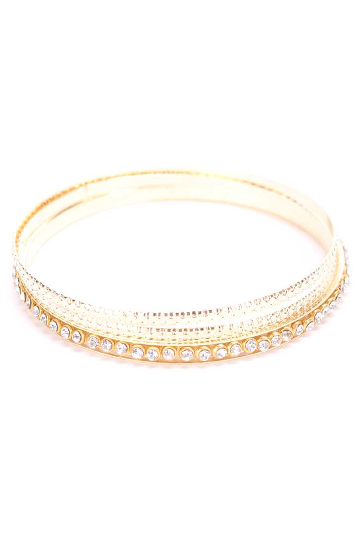 Gold High Polish Rhinestone Design Three Paired Detailed Bracelets