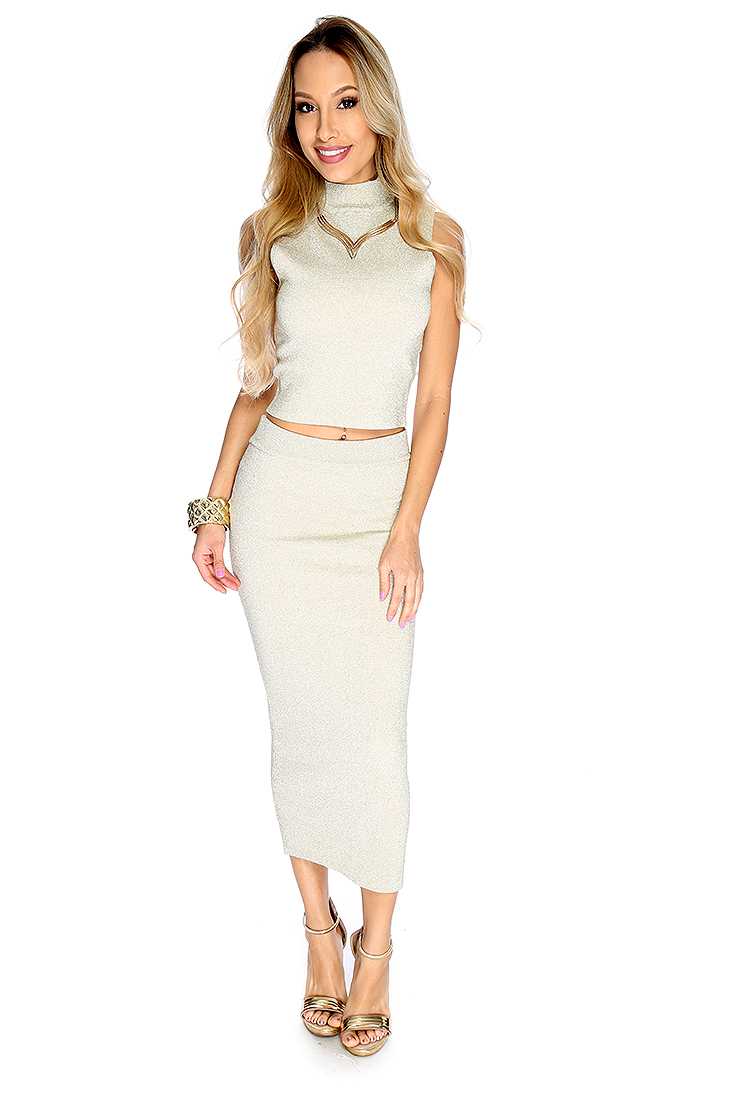 Sexy Gold Tinsel Sleeveless 2 Piece Party Dress