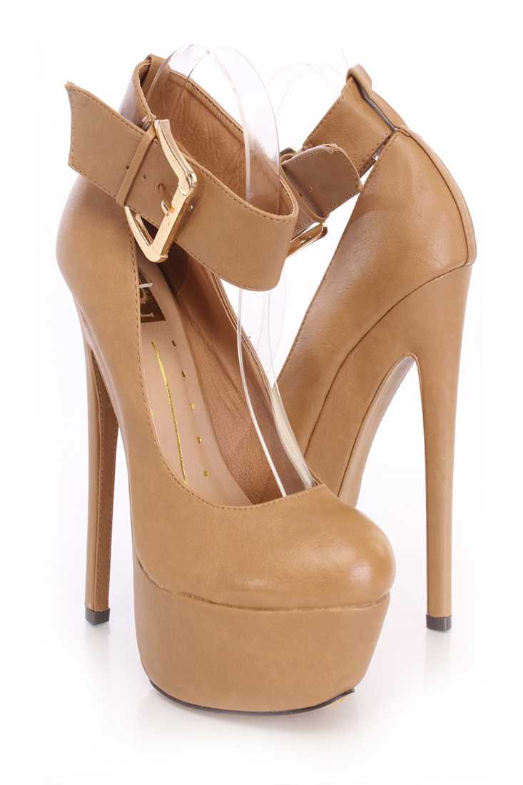 Tan Platform Ankle Strap Heels Faux Leather