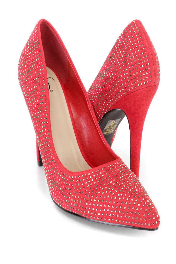 Red Rhinestone Single Sole Pump High Heels Faux Suede