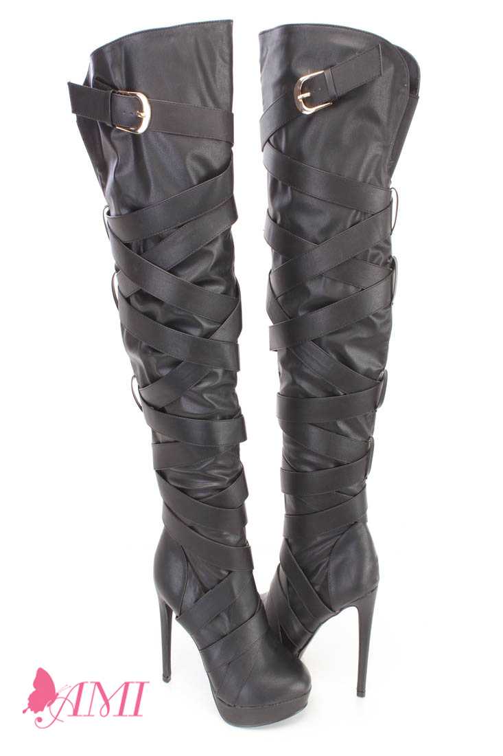 Black Wrap Around Strappy Thigh High Heel Boots Faux Leather