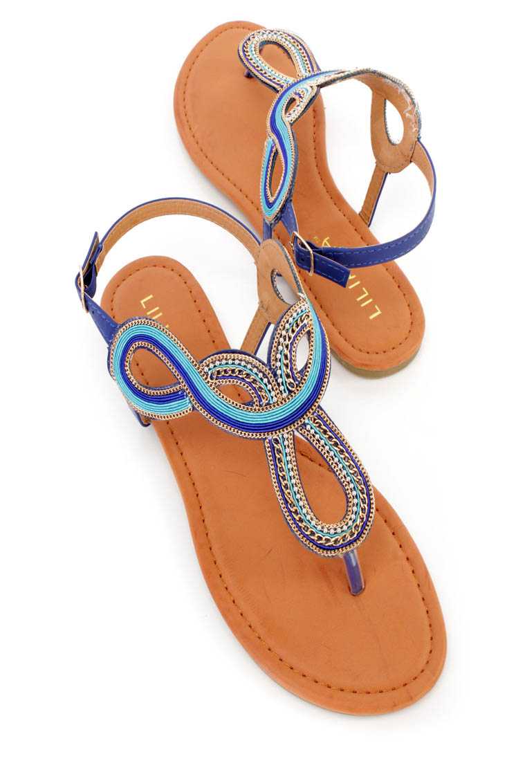 Blue Chain Detailed Thong Sandals Faux Leather