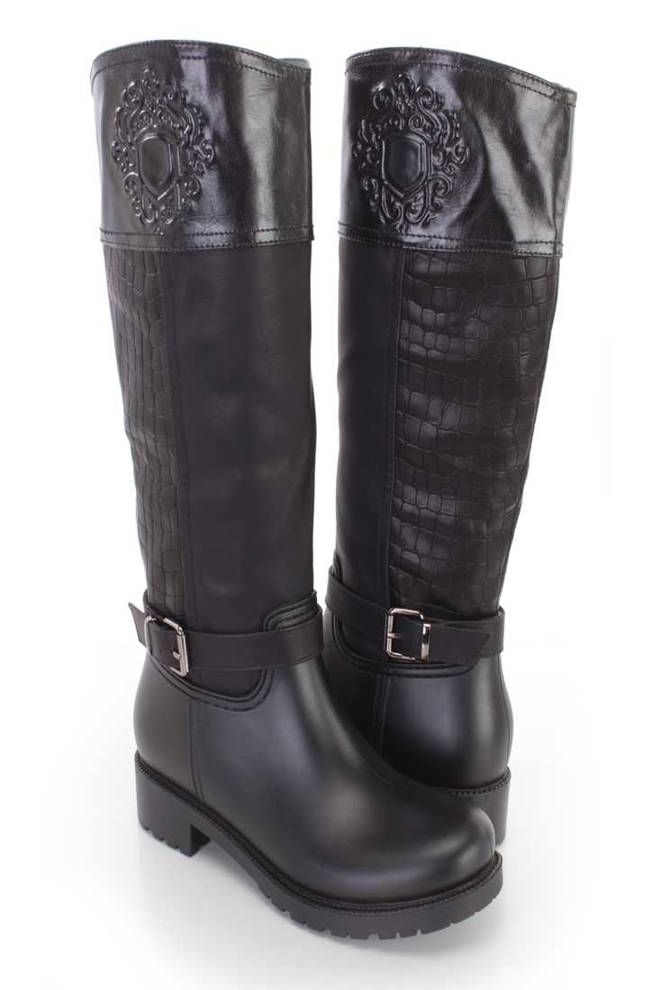 Black Croc Skin Textured Riding Boots Faux Leather