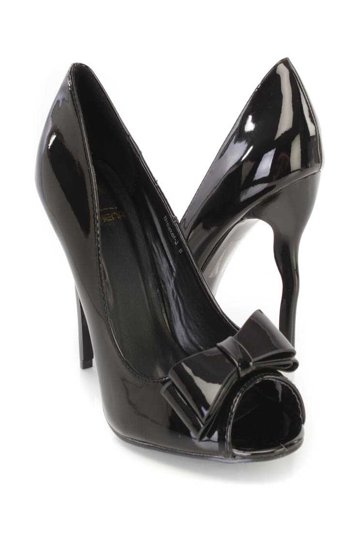 Black Peep Toe Bow Tie Single Sole Pump High Heels Patent