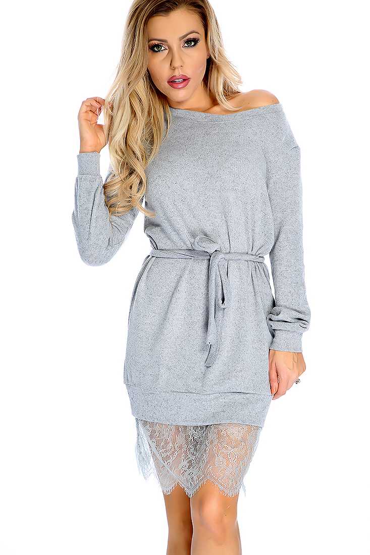 Sexy Grey Floral Eyelash Lace Waist Tie Sweater Dress