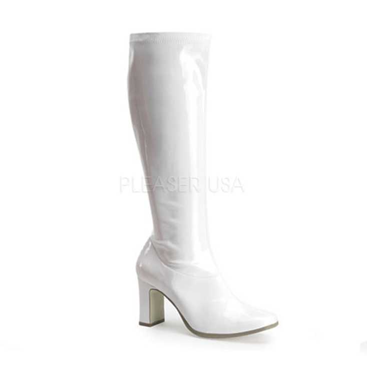 White Stretch Patent Chunky Heel GoGo Boots