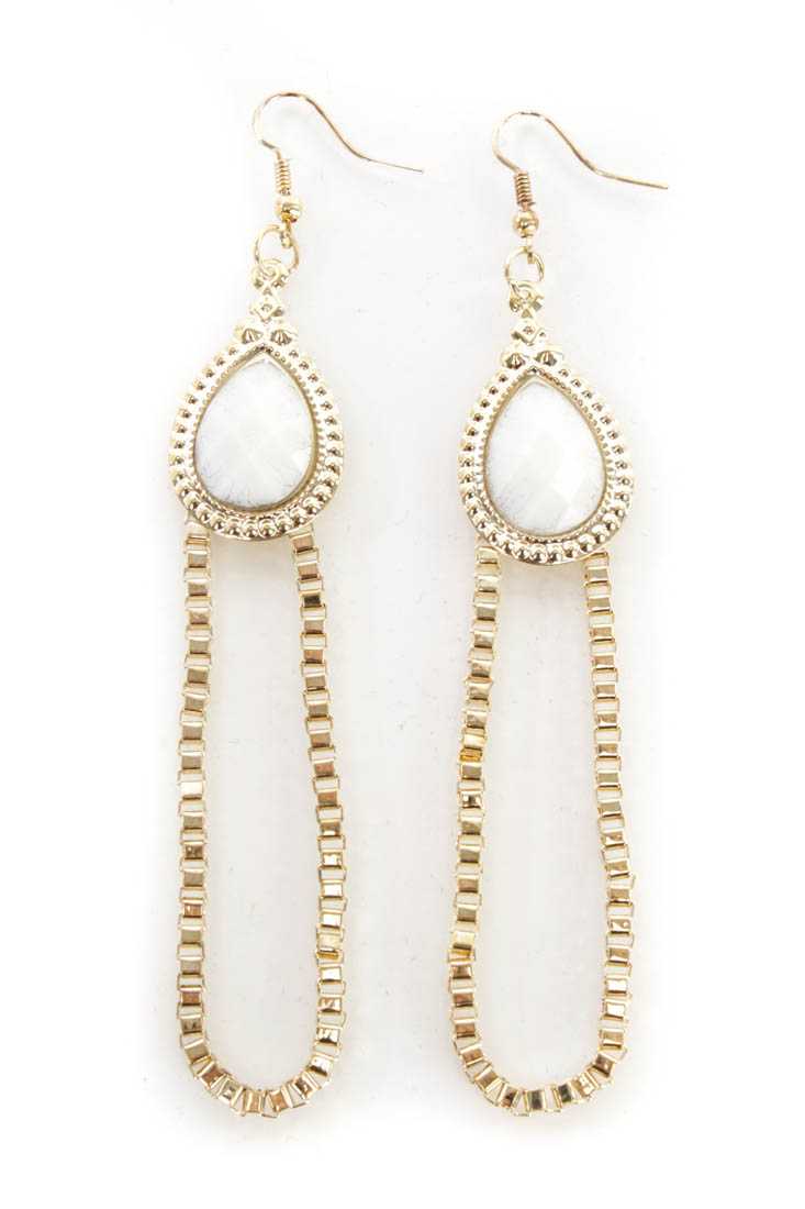 White Gold Faceted Beaded Box Chain Dangle Earrings