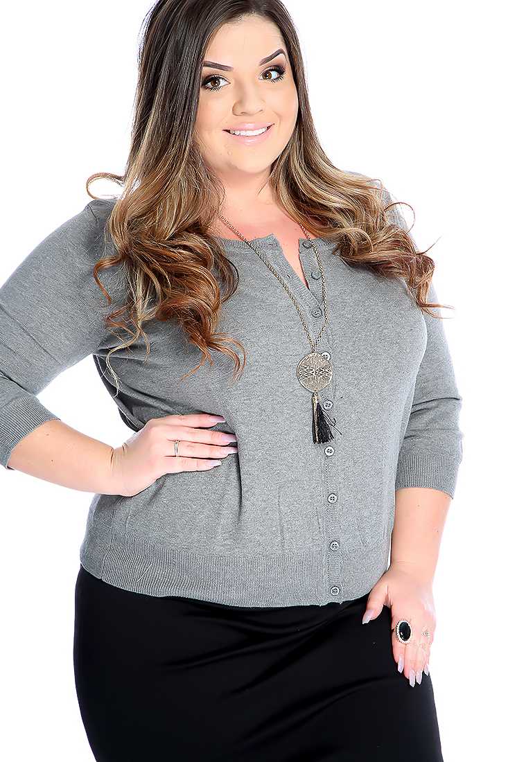 Stylish Grey Plus Size Quarter Sleeve Button Up Fitted Cardigan