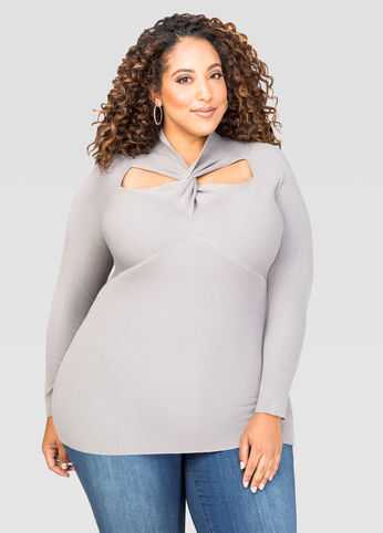 Fitted Ribbed Twist Neck Sweater