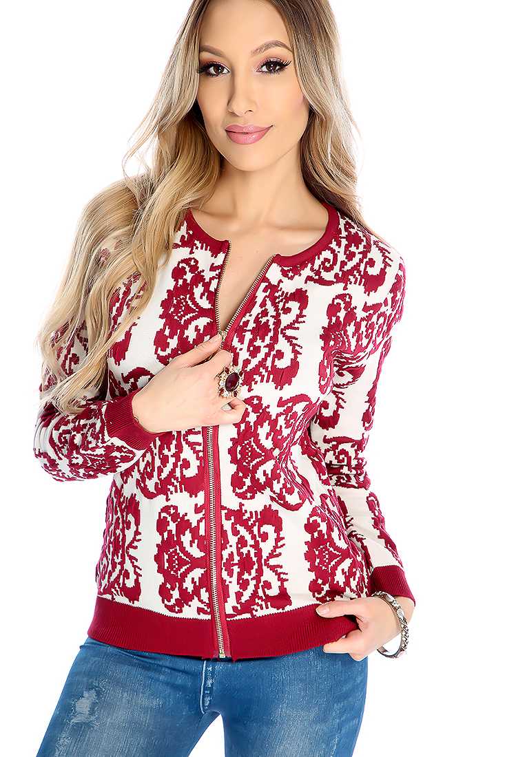 Wine Damask Pattern Zip Up Sweater