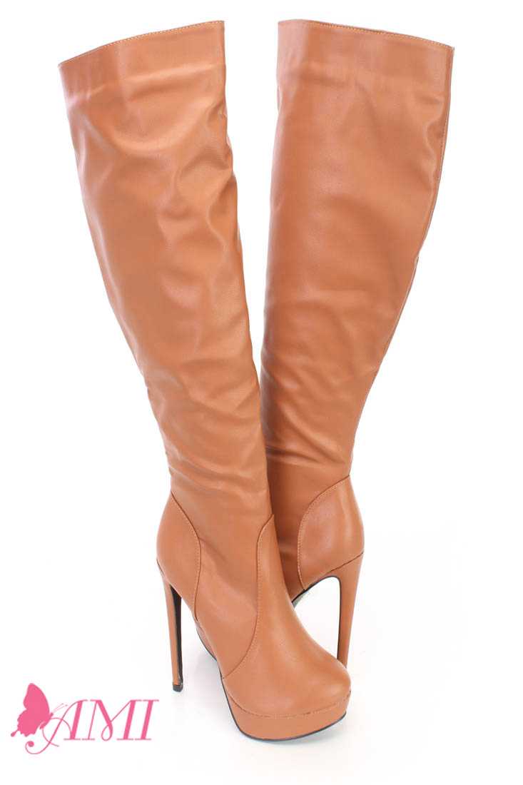 Cognac Platform High Heel Boots Faux Leather