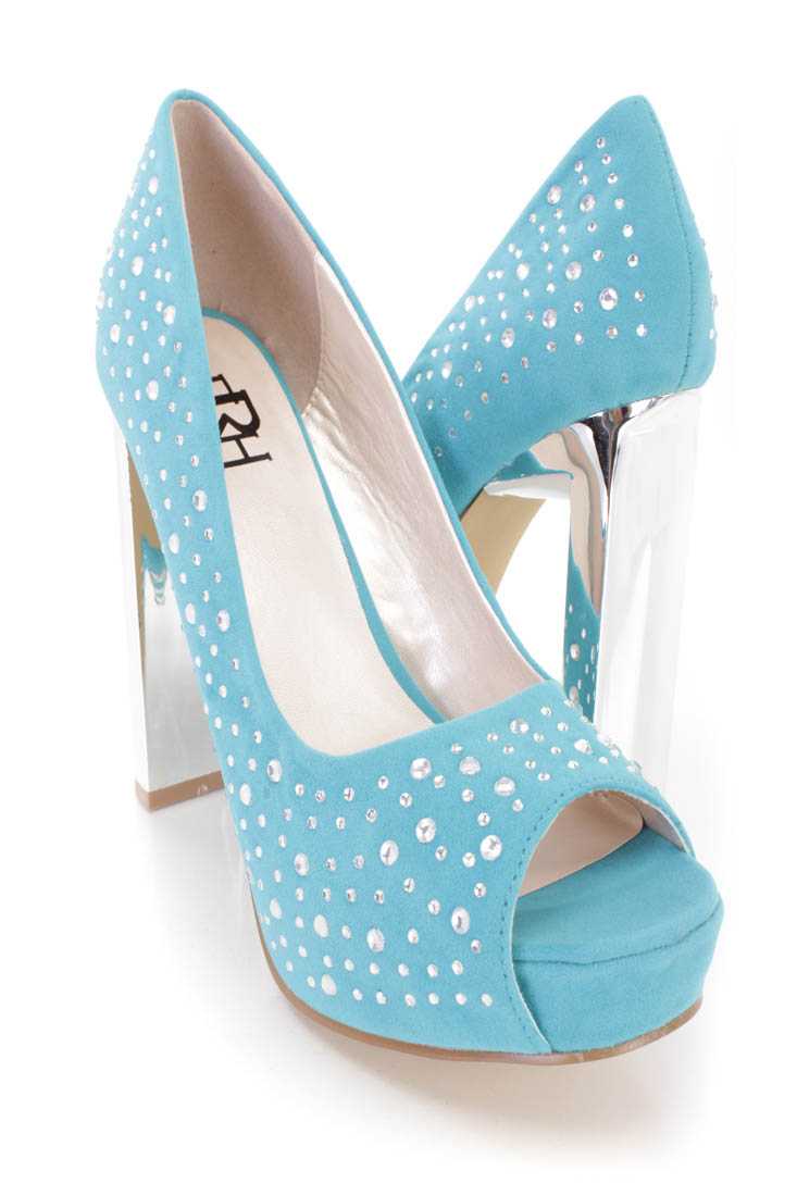 Mint Rhinestone Peep Toe Pump High Heels Faux Suede