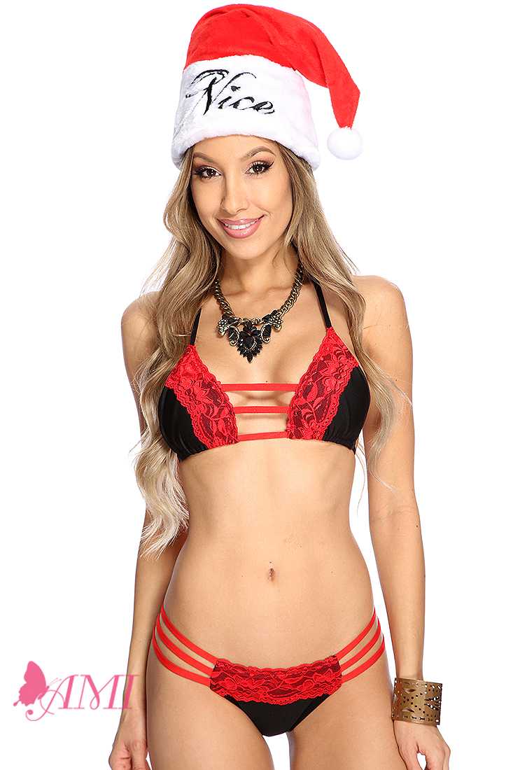 Black Red Strappy Lace Trim Pucker Back Sexy Swimsuit