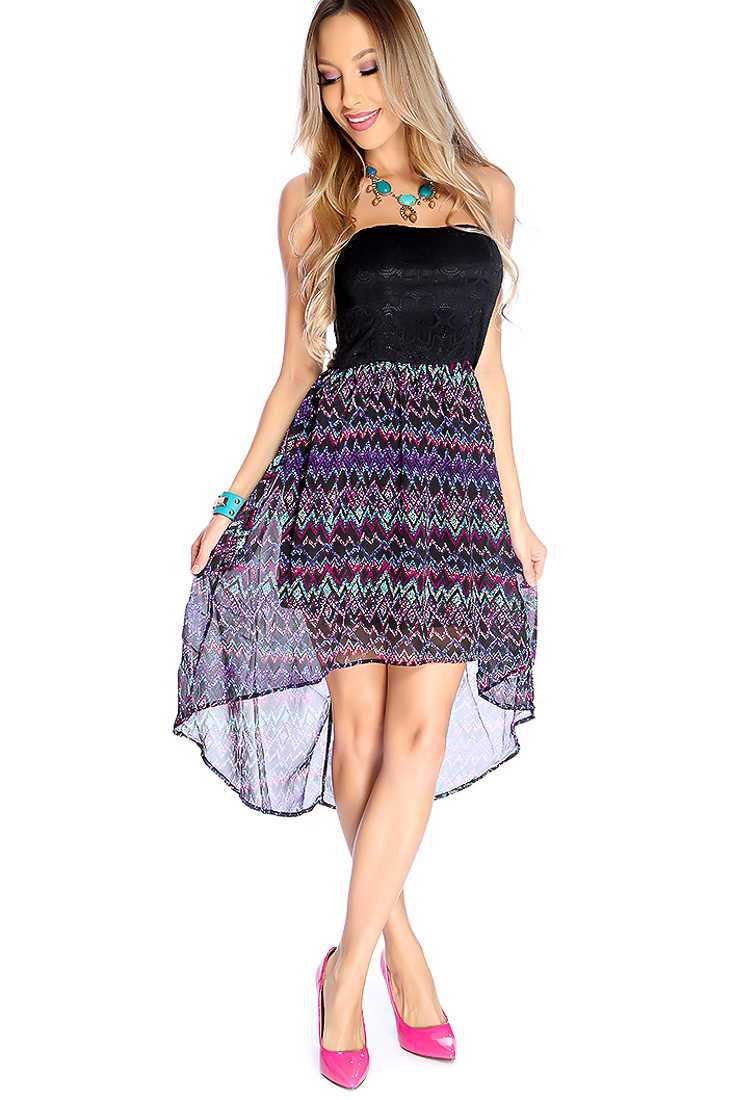 Sexy Purple Black Chevron Print Strapless High Low Party Dress