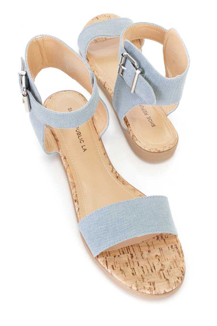 Blue Open Toe Strappy Sandals Denim Fabric