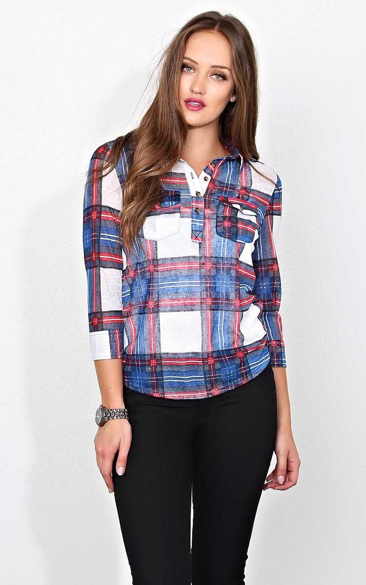 Urban Icon Plaid Knit Top - LGE - Blue Combo in Size Large by Styles For Less