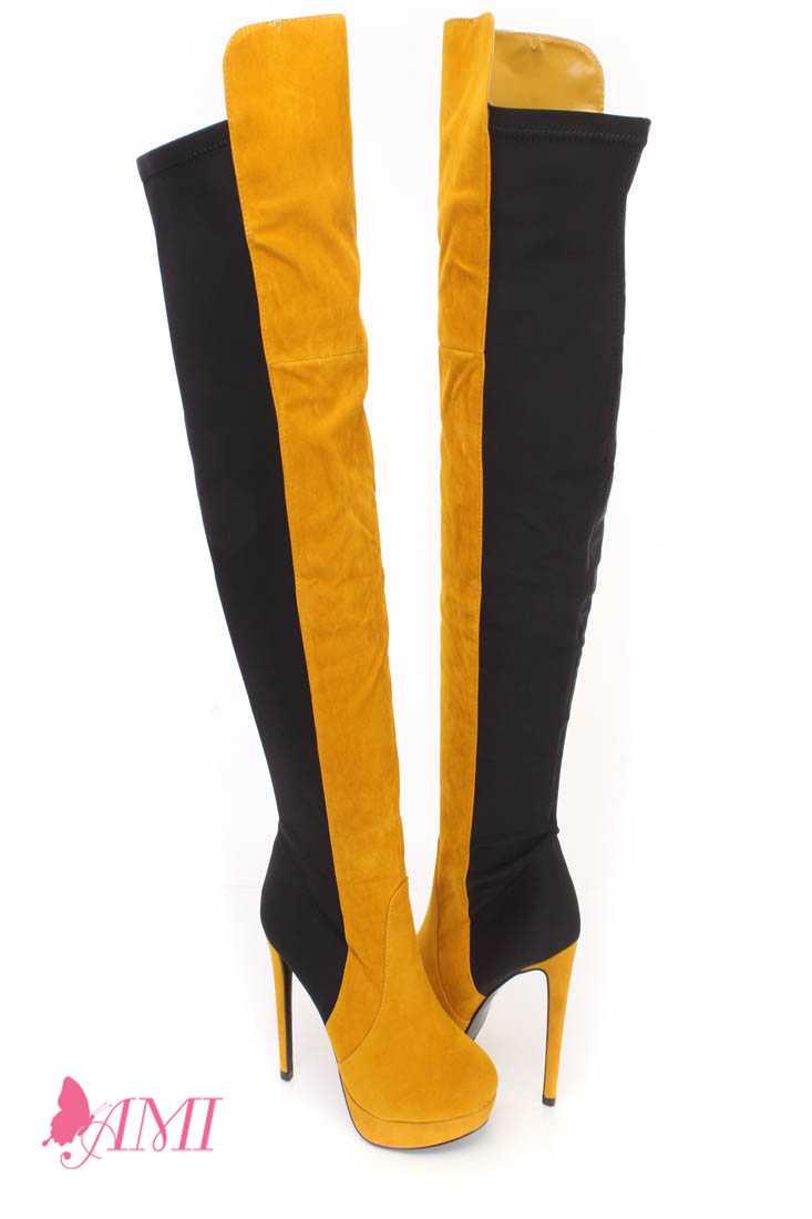 Yellow Thigh High Platform High Heel Boots Faux Suede