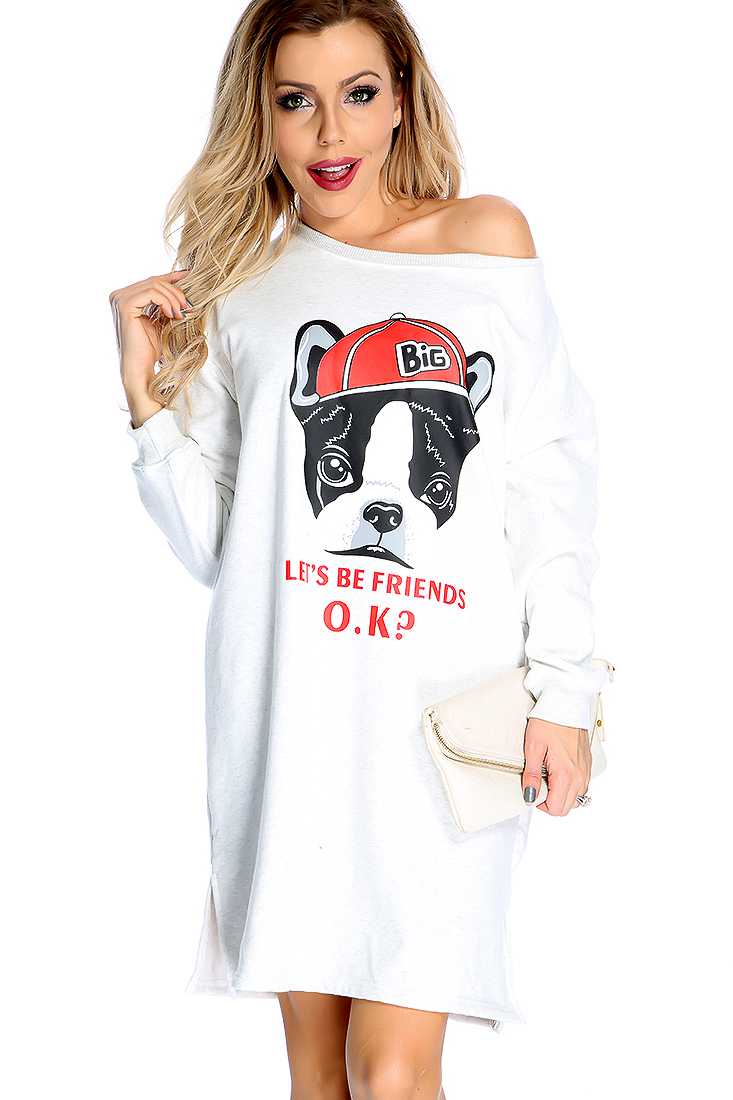 Light Grey Long Sleeve Plush Lining Graphic Print Sweater Dress