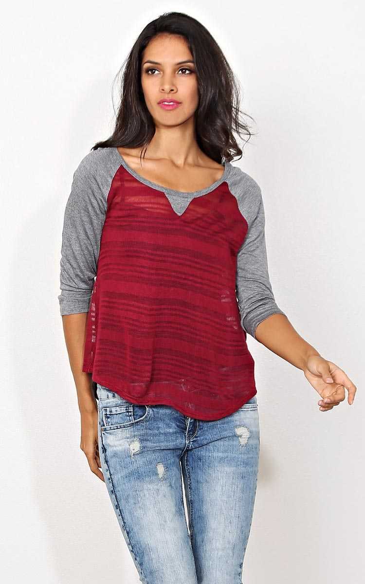 Shadow Stripes Knit Raglan Tee - - Burgundy in Size by Styles For Less