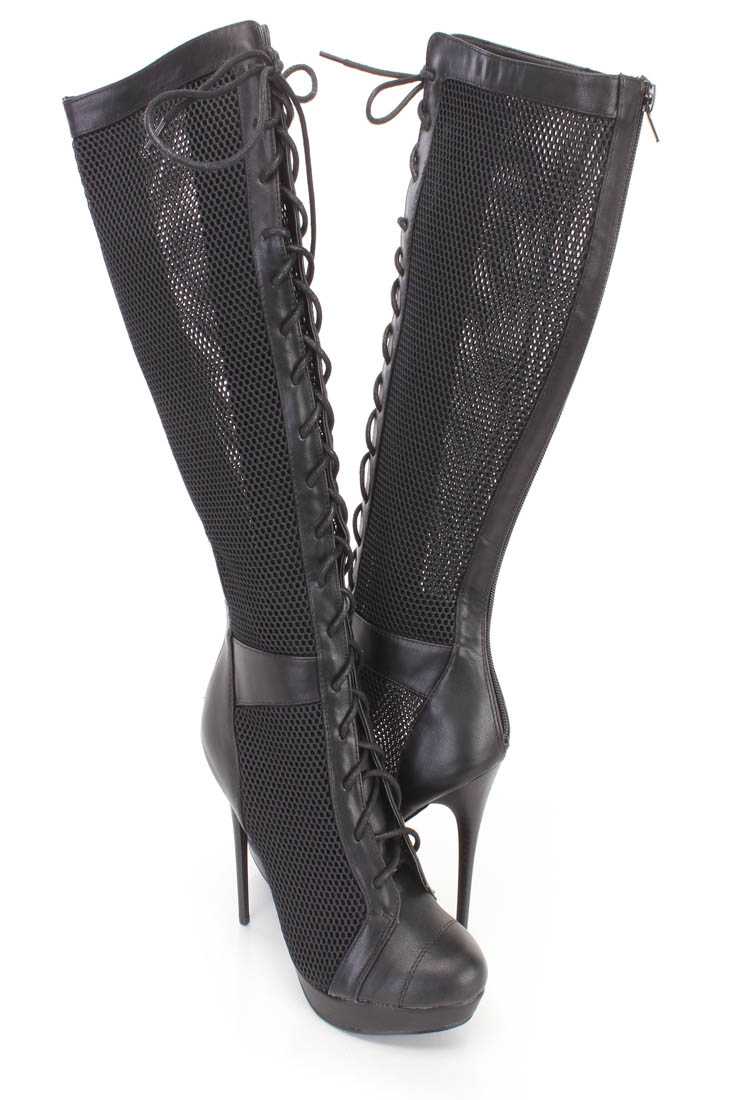 Black Netted Lace Up High Heel Boots Faux Leather