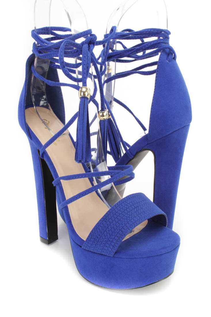 Cobalt Blue Wrap Around Strap Platform Chunky High Heels Faux Suede