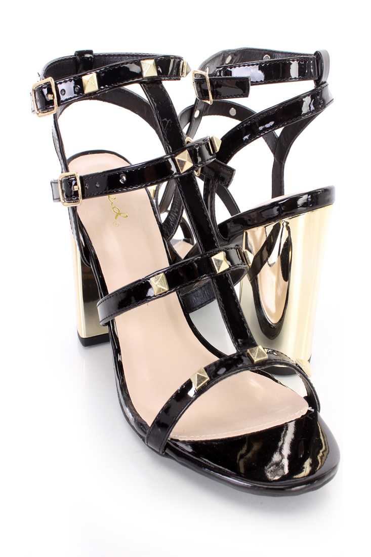 Black Studded Strappy Single Sole Chunky High Heels Patent
