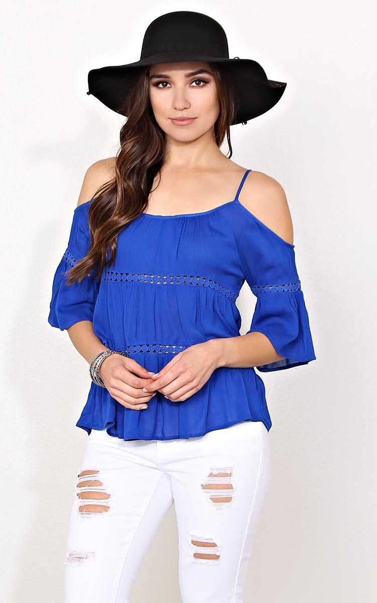Azul Cold Shoulder Woven Top - LGE - Cobalt in Size Large by Styles For Less