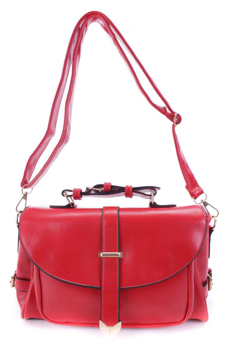 Red Faux Leather Adjustable Shoulder Strap Handbag