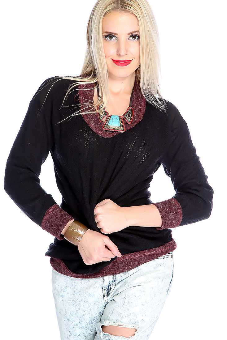 Black Long Sleeve Open Knit Two Tone Casual Sweater Top