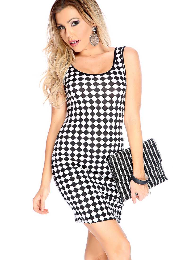 Sexy Black White Checkered Print Sleeveless Party Dress