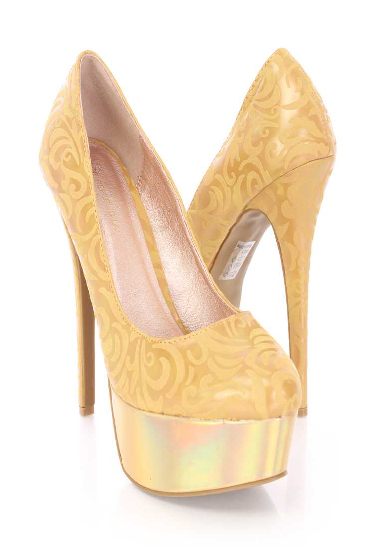Gold Pattern Pump 6 Inch High Heels Faux Leather