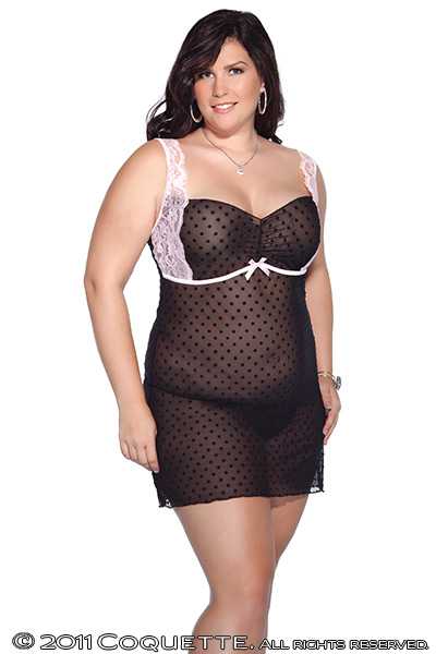 BLACK PINK PLUS SIZE POLKA DOT MESH INTIMATE CHEMISE