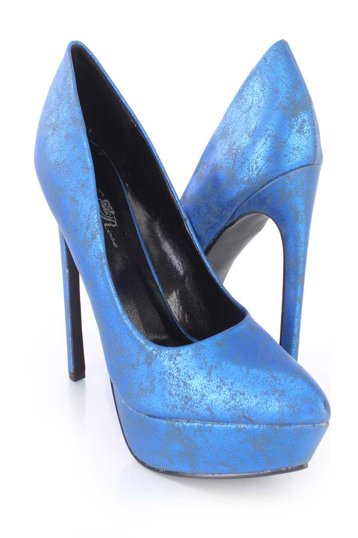 Royal Blue Pointed Platform Pumps High Heels Metallic Faux Leather