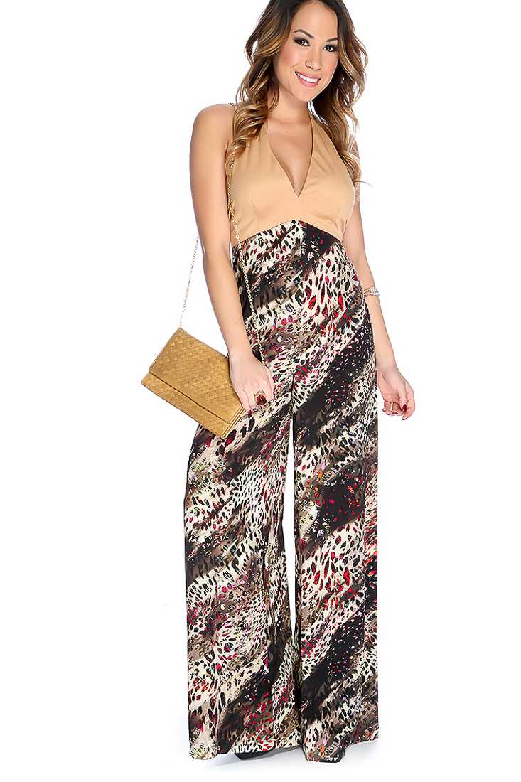 Sexy Tan Black Animal Print Halter Jumpsuit