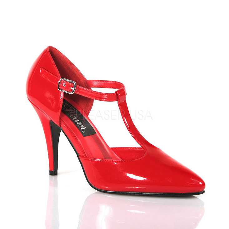 Red Patent Faux Leather T Strap High Heels