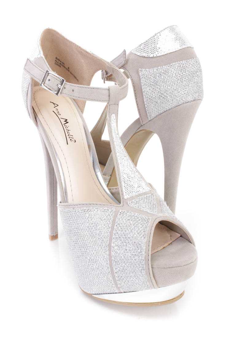Taupe T Strap Peep Toe Platform Heels Faux Suede