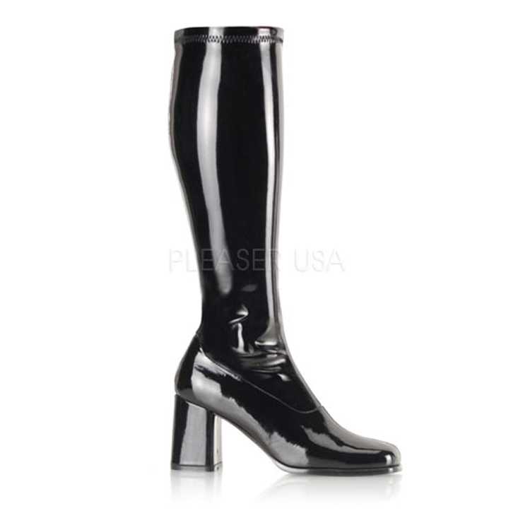 Black Stretch Patent Block Heel GoGo Boots