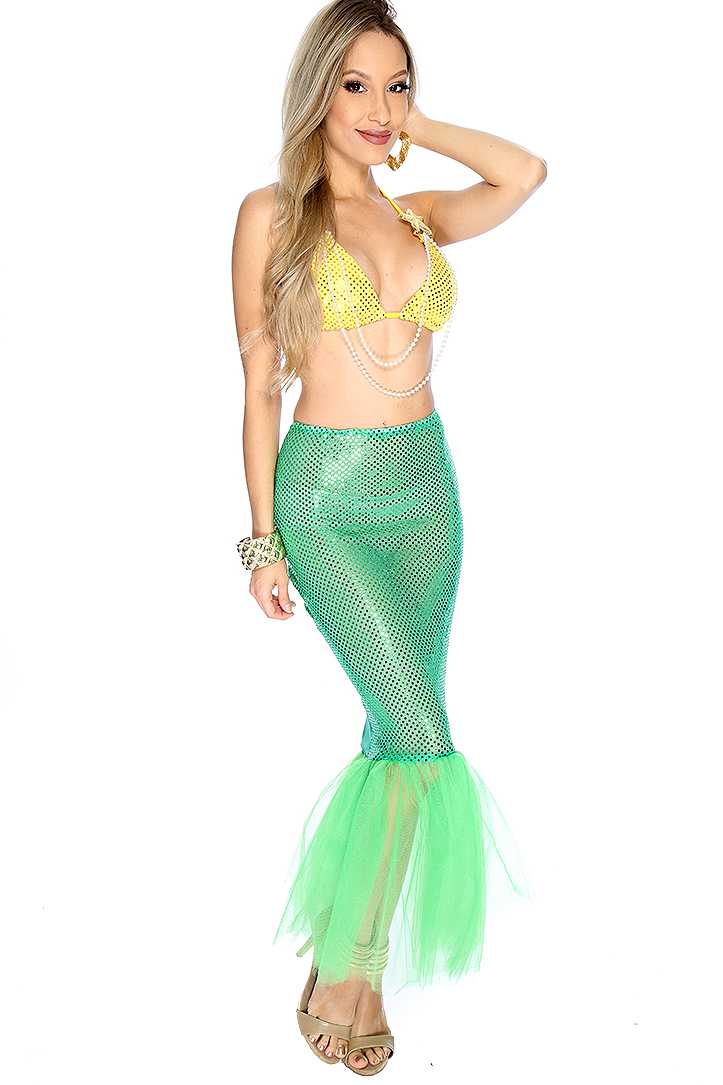 Yellow Green Sequin Faux Pearl 2.Piece Mermaid Costume