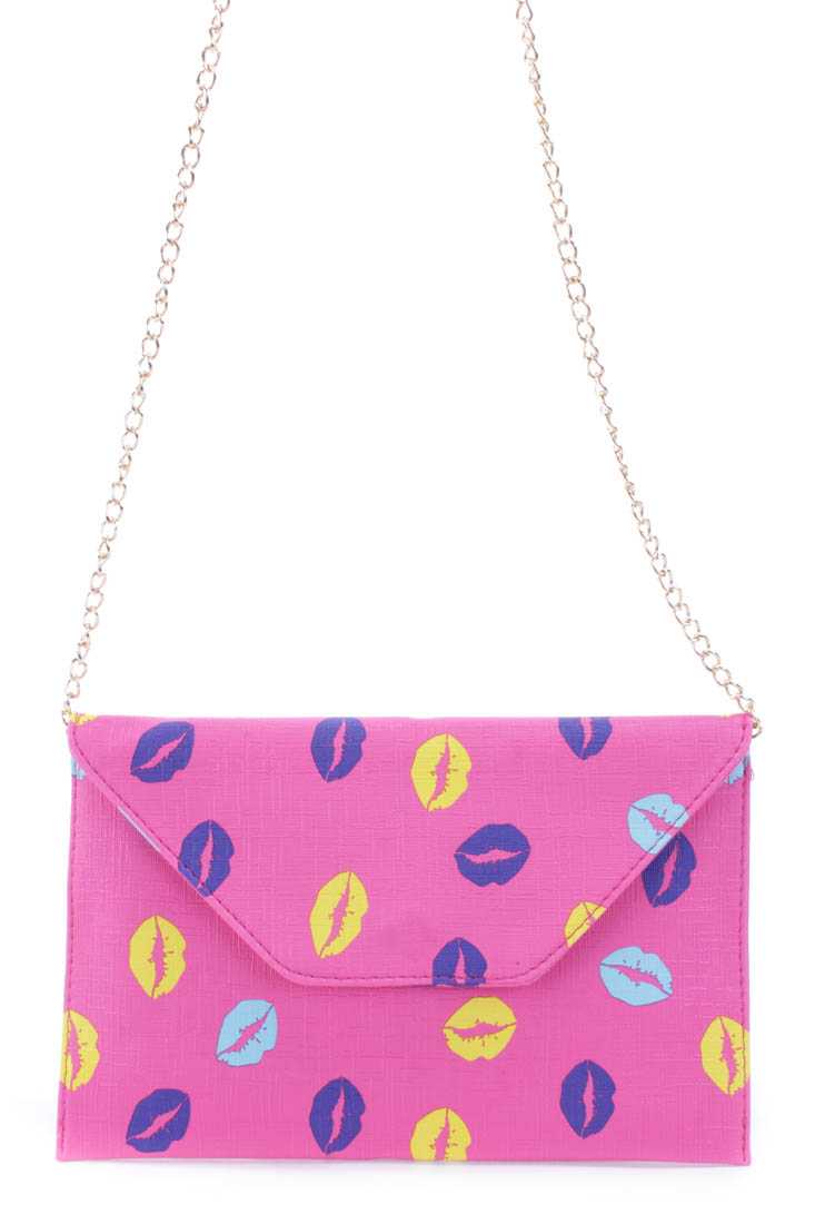 Fuchsia Faux Leather Lip Print Envelope Handbag
