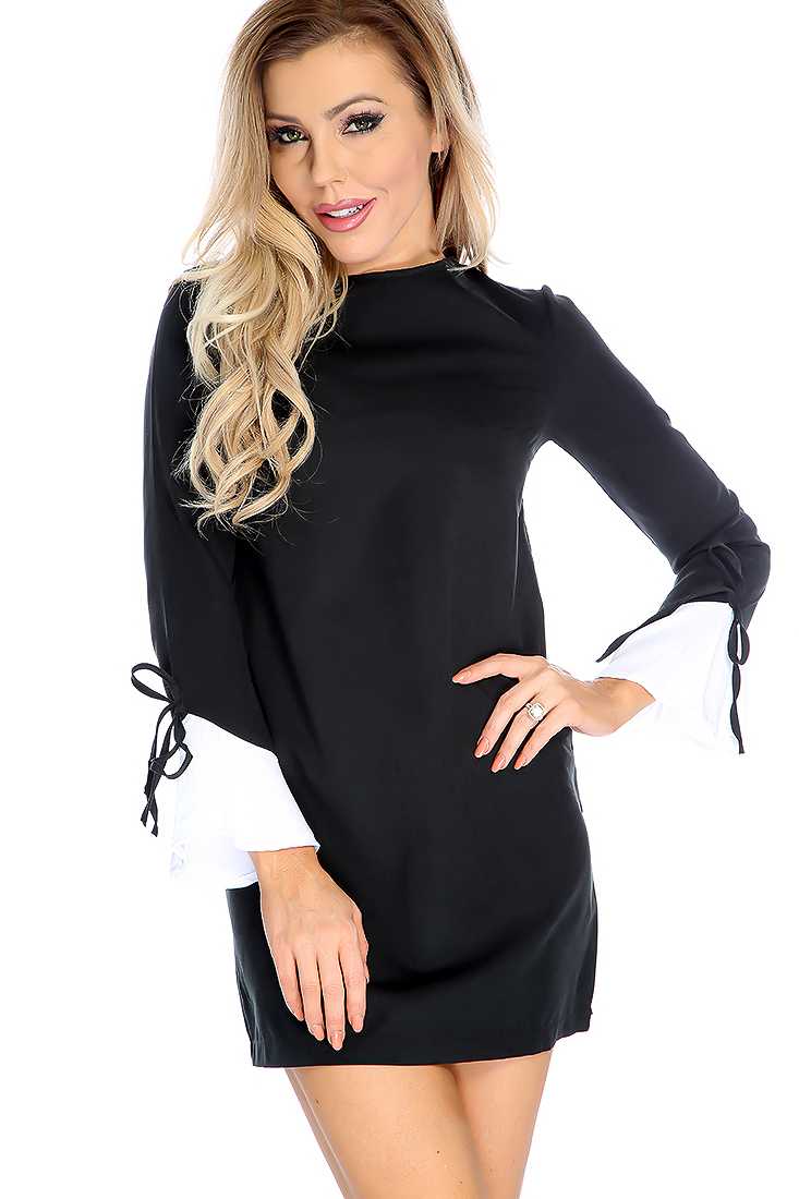 Black Two Tone String Tie Long Sleeve Casual Dress