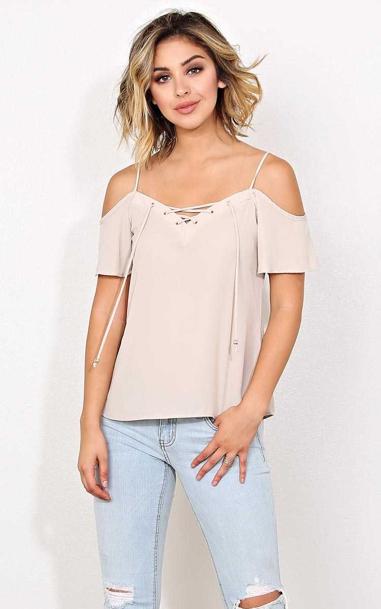 Tabitha Cold Shoulder Woven Top - - Sand/Khaki in Size by Styles For Less