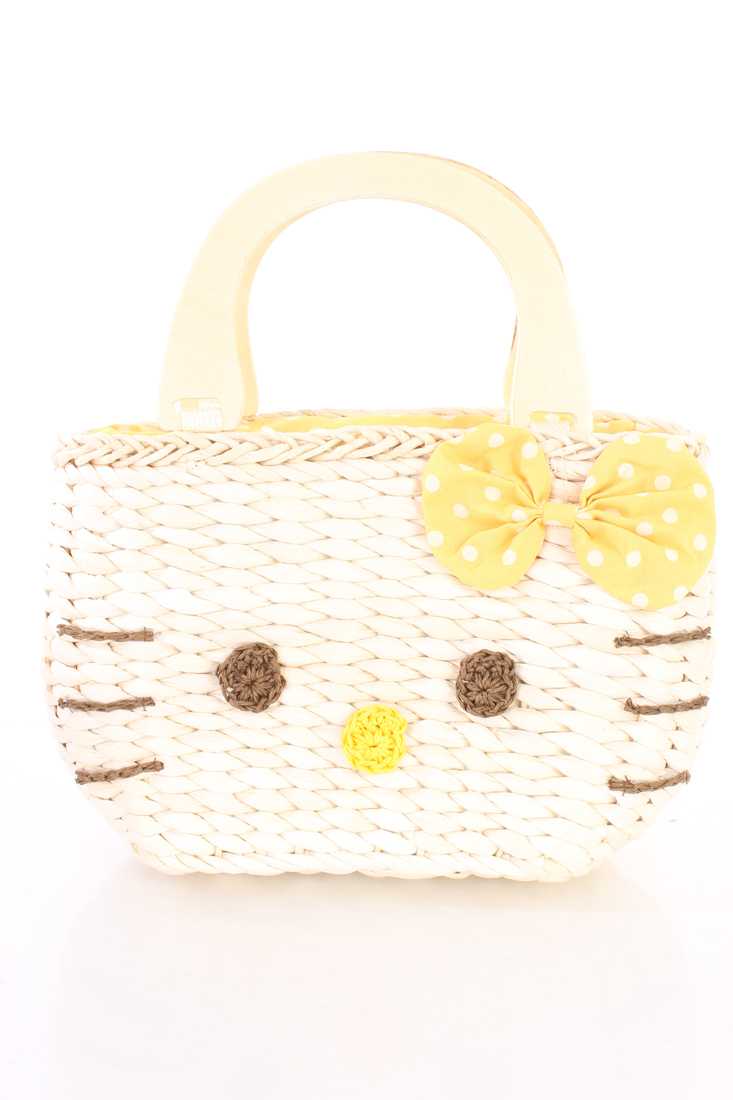 Mustard Kitty Face Woven Straw Mini Tote Beach Bag
