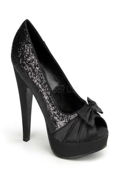 Black Glitter Pleated Satin Strap Bow Tie Peep Toe High Heels