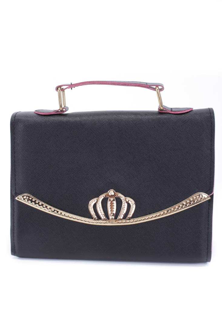Black High Polish Textured Trim Shoulder Handbag