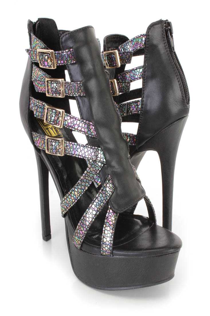 Black Strappy Platform High Heel Booties Faux Leather