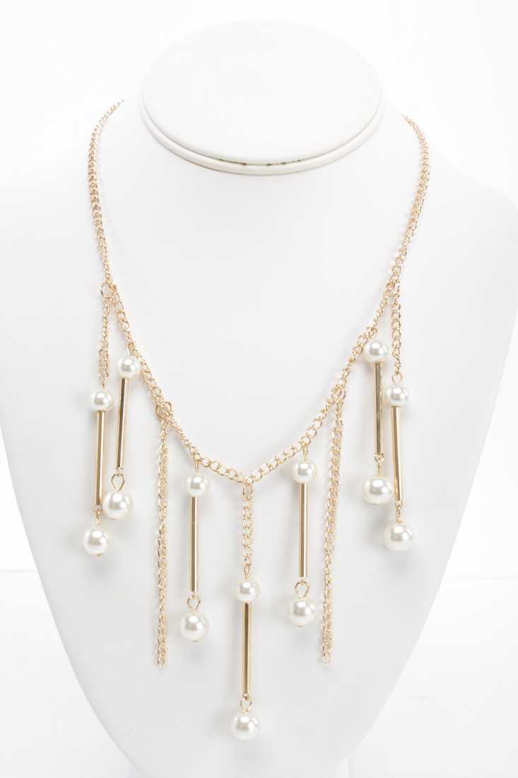 Gold Faux Pearl Beaded Dangle Necklace