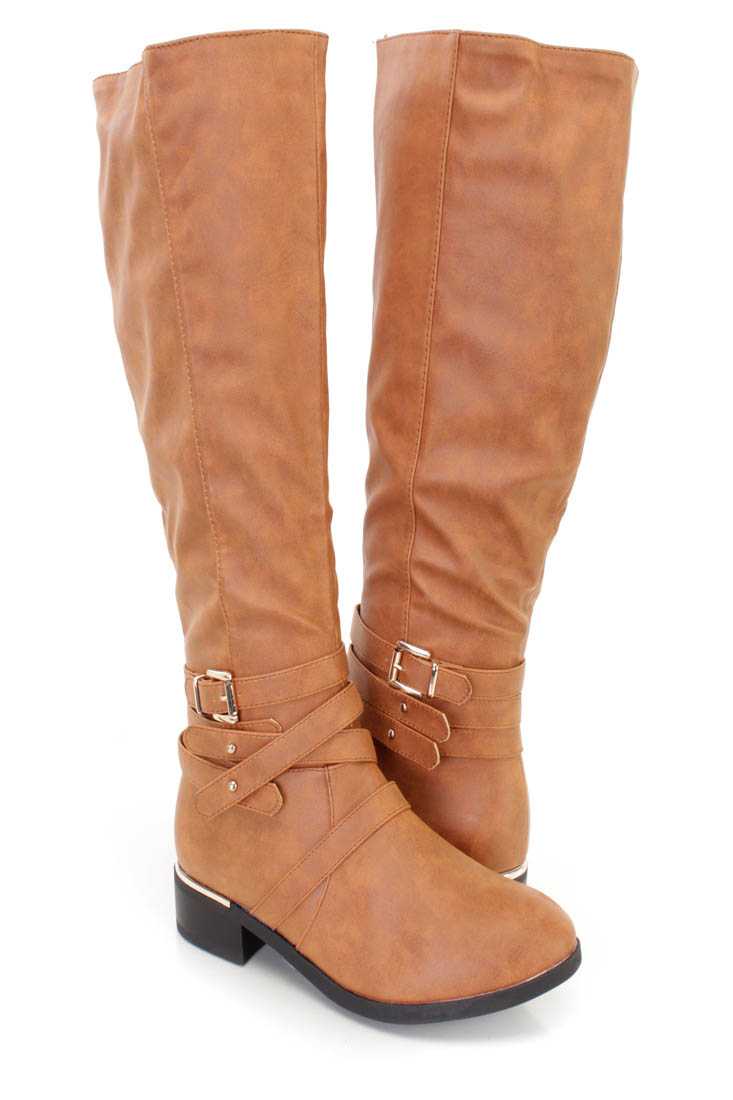 Cognac Strappy Ridding Boots Faux Leather