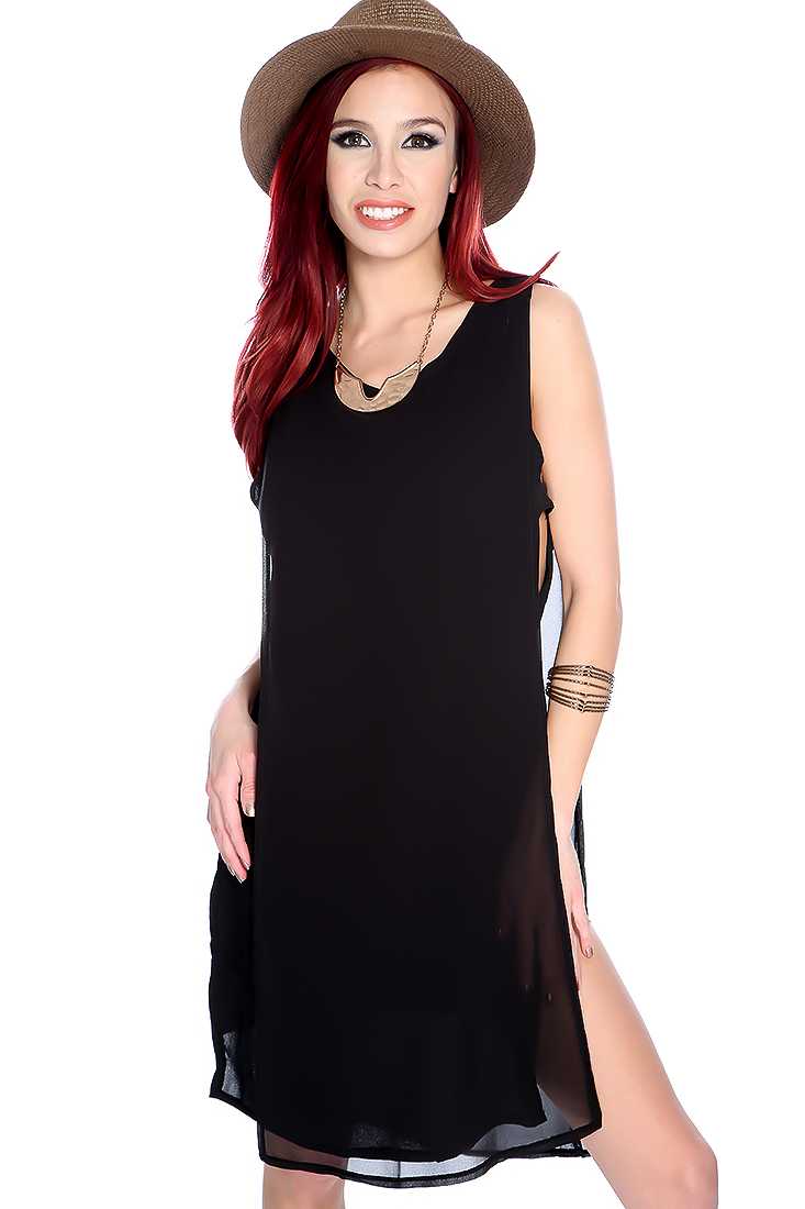 Sexy Black Sleeveless Sheer Overlay Casual Dress