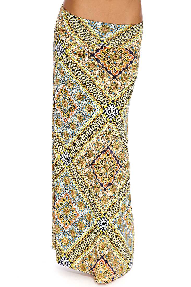 Gold Blue Printed Casual Maxi Skirt